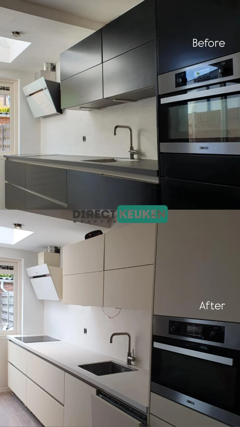 Keuken voor en na het wrappen: zwarte kastfronten en donker werkblad worden licht beige