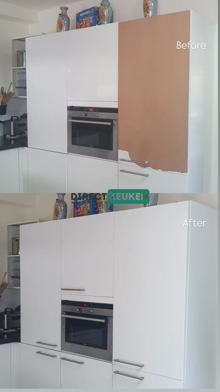 Hoge keukenkasten voor en na het wrappen: beschadigde folie vernieuwd met een witte afwerking